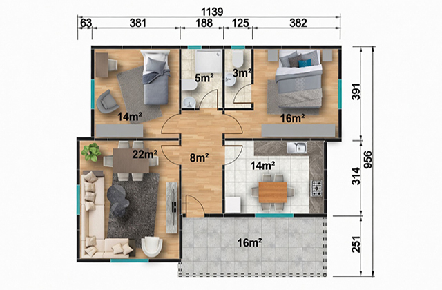 101 metrekare tek katlı prefabrik ev projesi