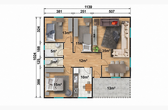 117 metrekare tek katlı prefabrik ev projesi
