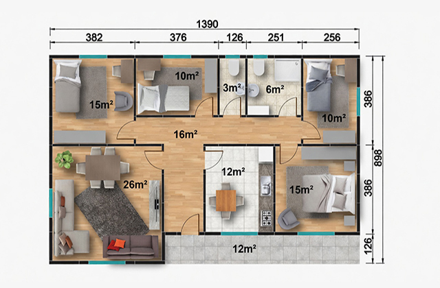 125 metrekare tek katlı prefabrik ev projesi