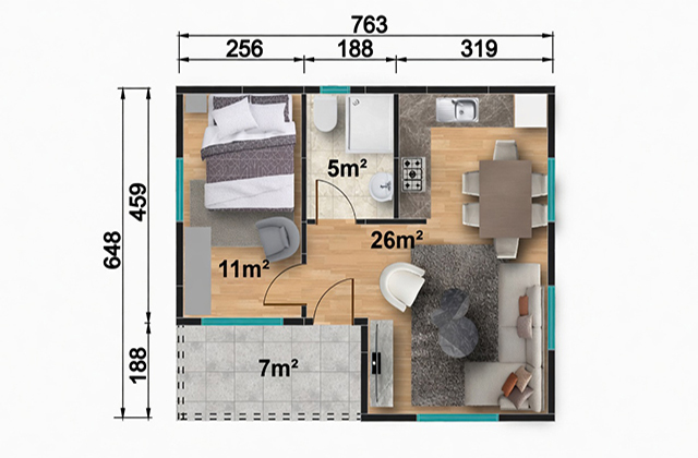 49 metrekare tek katlı prefabrik ev projesi