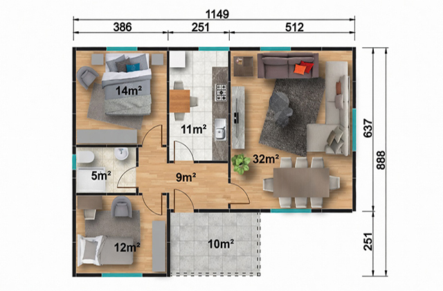 93 metrekare tek katlı prefabrik ev projesi